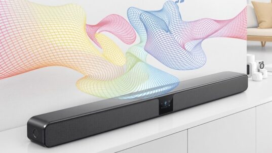 A sleek soundbar emitting colorful sound waves in a modern living room with minimalist decor and smart home devices.