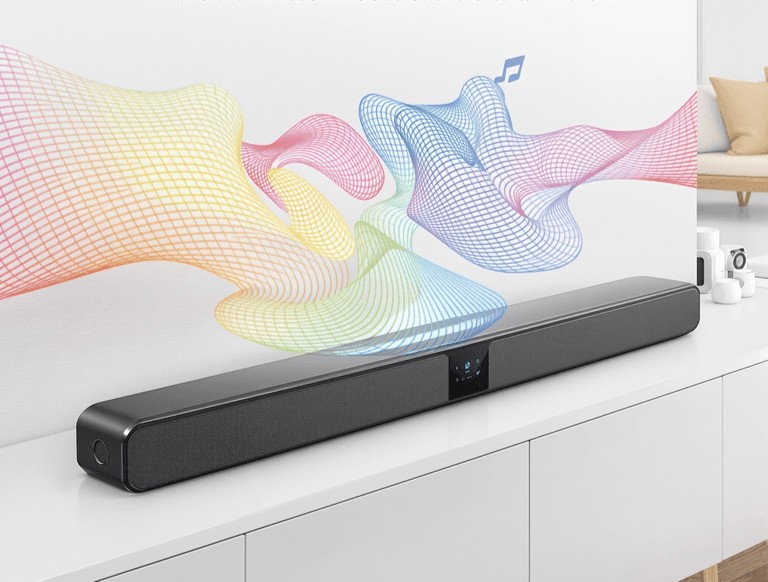 A sleek soundbar emitting colorful sound waves in a modern living room with minimalist decor and smart home devices.