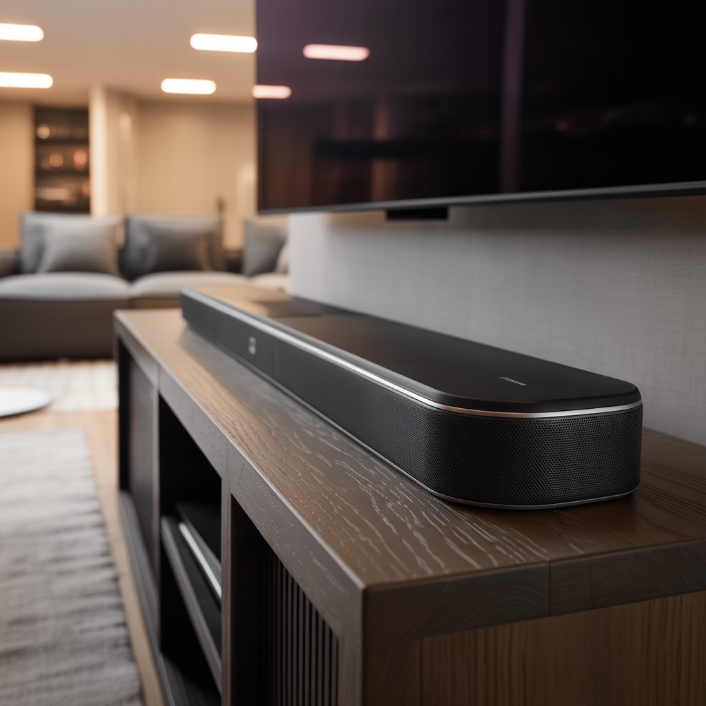 Modern living room with a sleek soundbar placed on a wooden TV stand, featuring a cozy sofa and ambient lighting in the background.