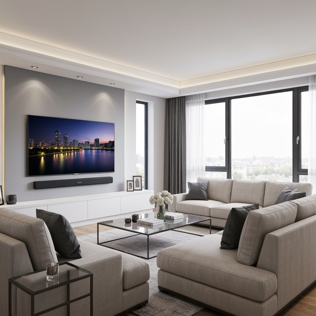 Modern living room with a sleek soundbar connected to a large TV, creating an immersive home theater