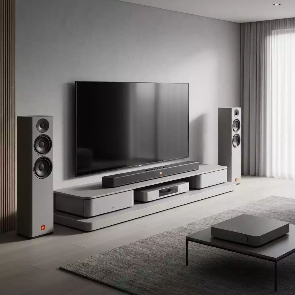 JBL Bar 1300X soundbar in a modern home theater setup with a large TV, no text, no words, no typography, 8K, clean image