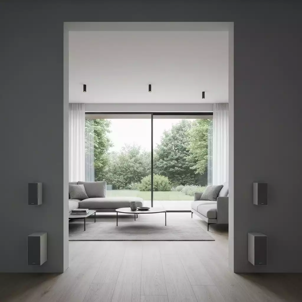 Modern living room with Sony SA-RS5 wireless rear speakers seamlessly integrated, no visible wires, creating a clean aesthetic, no text, no words, no typography, 8K