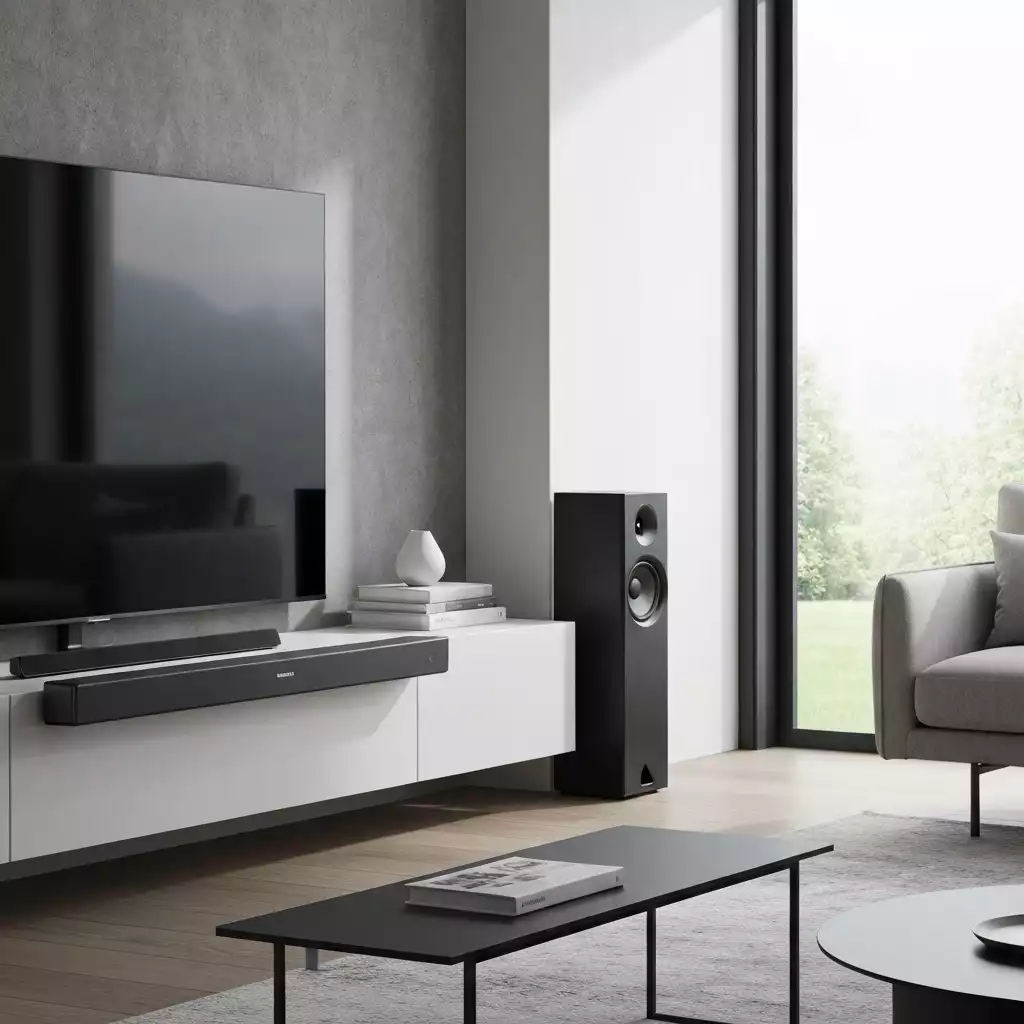 Modern living room with a sleek Samsung soundbar wirelessly connected to a TV, no visible wires, focus on clean aesthetics and audio equipment, no text, no words, no typography, 8K, natural lighting