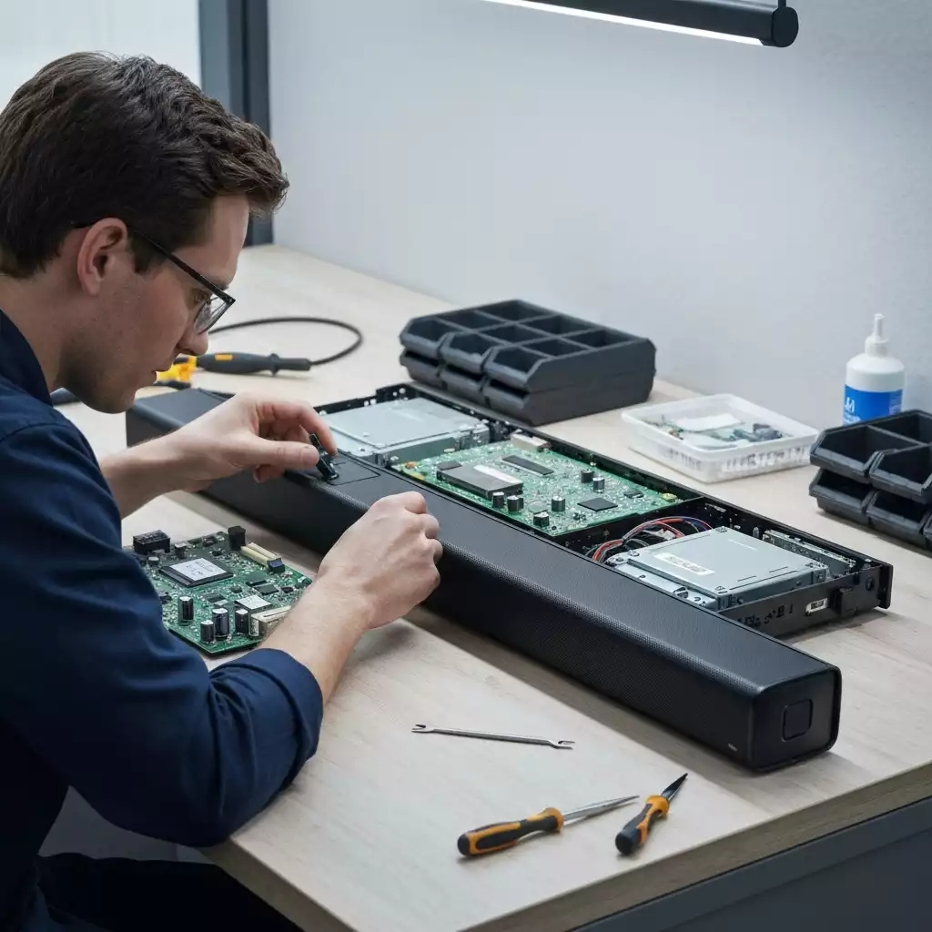 Technician repairing a Samsung soundbar, focusing on internal components