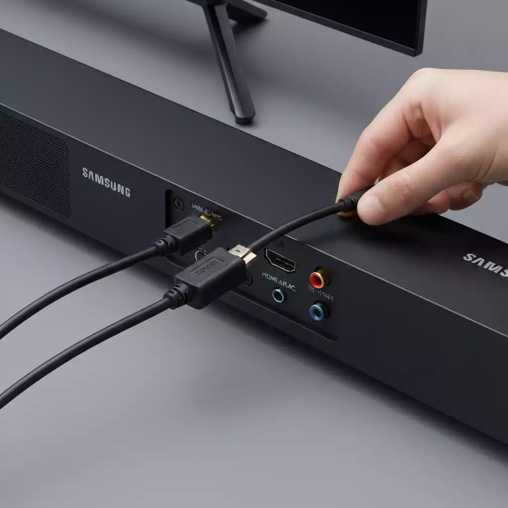 Samsung TV and soundbar connected with HDMI cable, close-up on ports