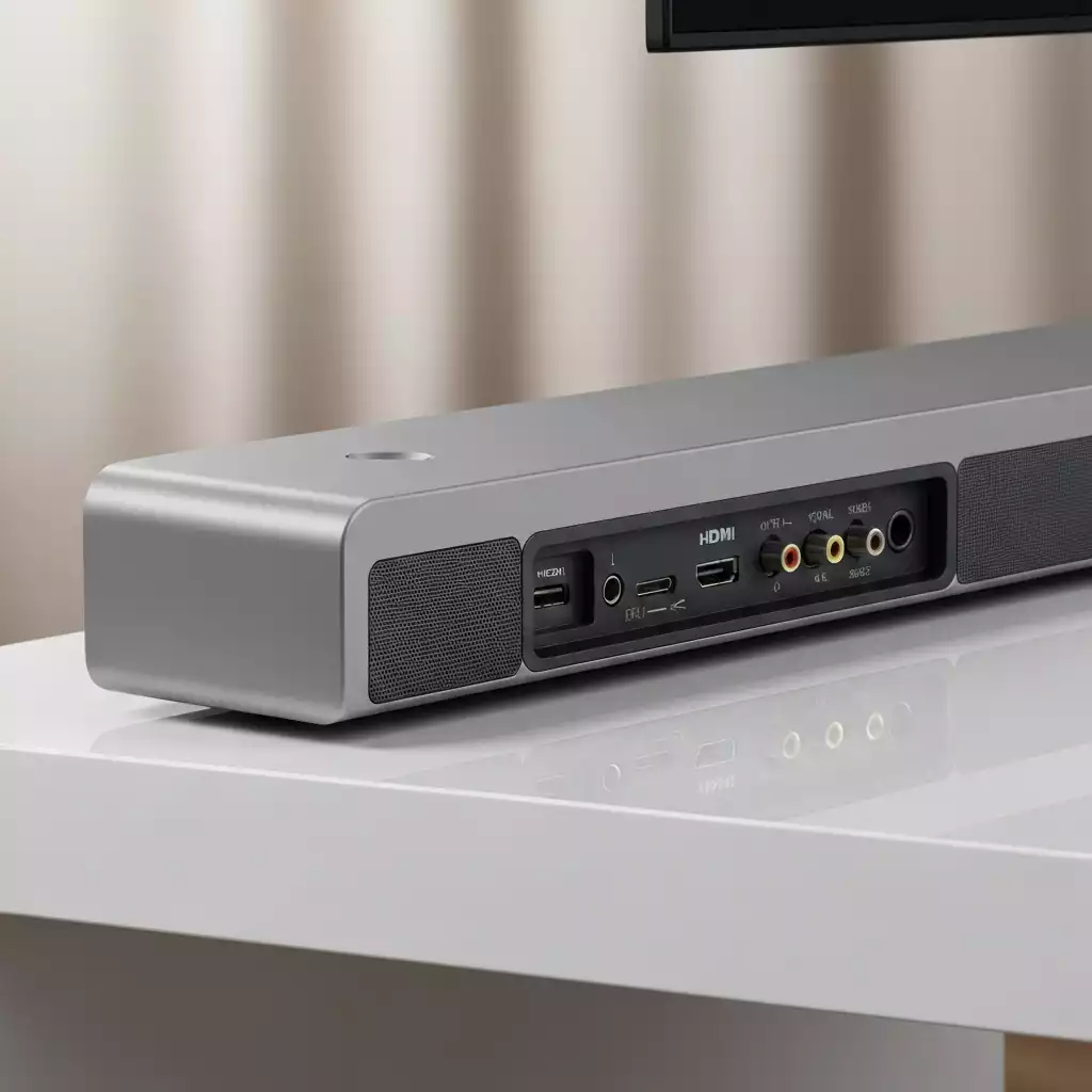 Person connecting cables to the back of a soundbar, illustrating wired connections