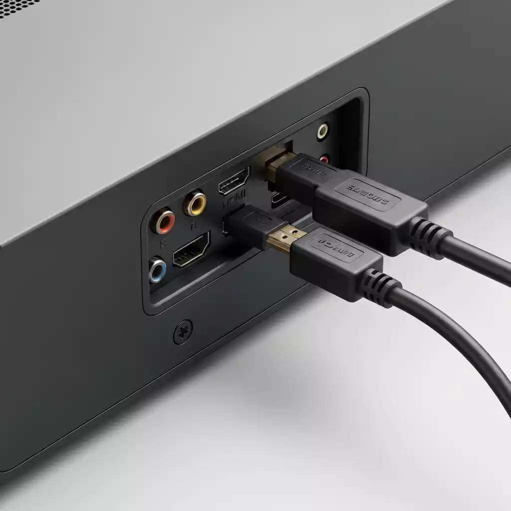Close-up of hands connecting an HDMI cable to the back of a Samsung soundbar, clean setup, focus on connection ports