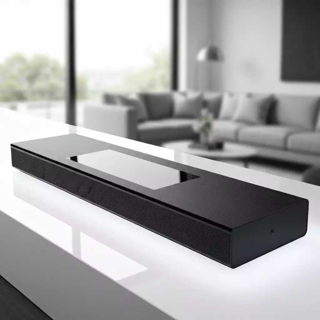 Modern soundbar displaying a firmware update message on its screen, no text, no words, no typography