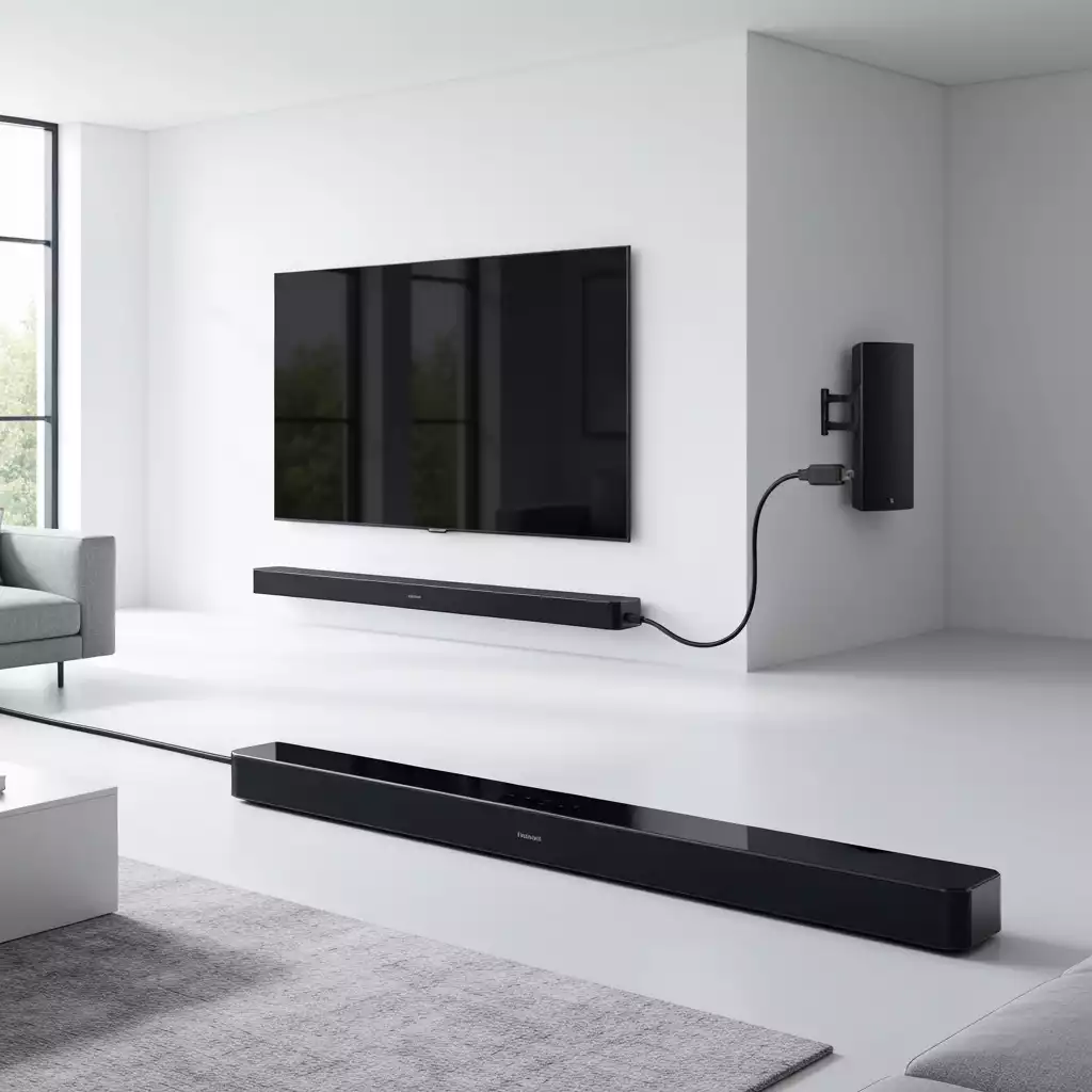 Modern soundbar connected to a TV with an HDMI cable, showcasing clear audio transmission