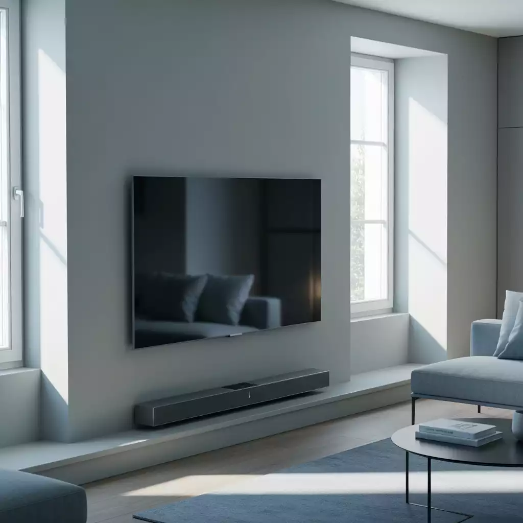 Modern soundbar under a TV in a stylish living room