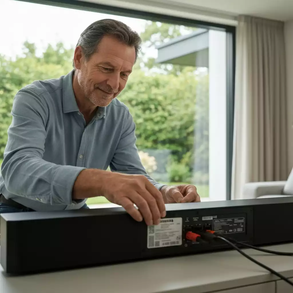 Person inspecting the back of a Samsung soundbar, checking cables and connections, in a modern living room setting, no text, no words, no typography, clean image