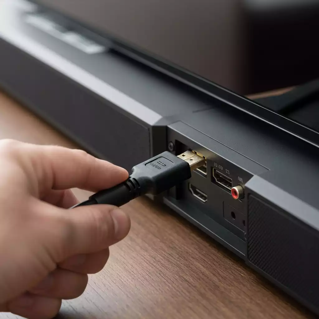 Close-up of a hand connecting an HDMI cable to the back of a TV, with a soundbar in the background