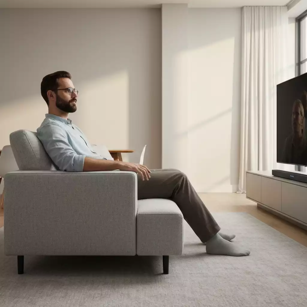 Person relaxing on a couch, enjoying immersive sound from a soundbar connected to a TV
