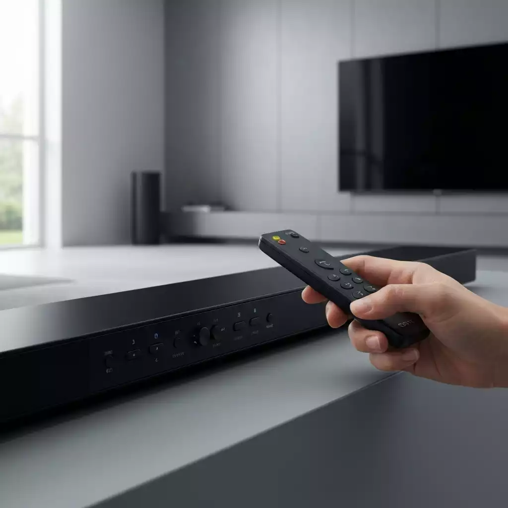 Close-up of a Sony soundbar's control panel with a remote, adjusting settings, clean home theater environment