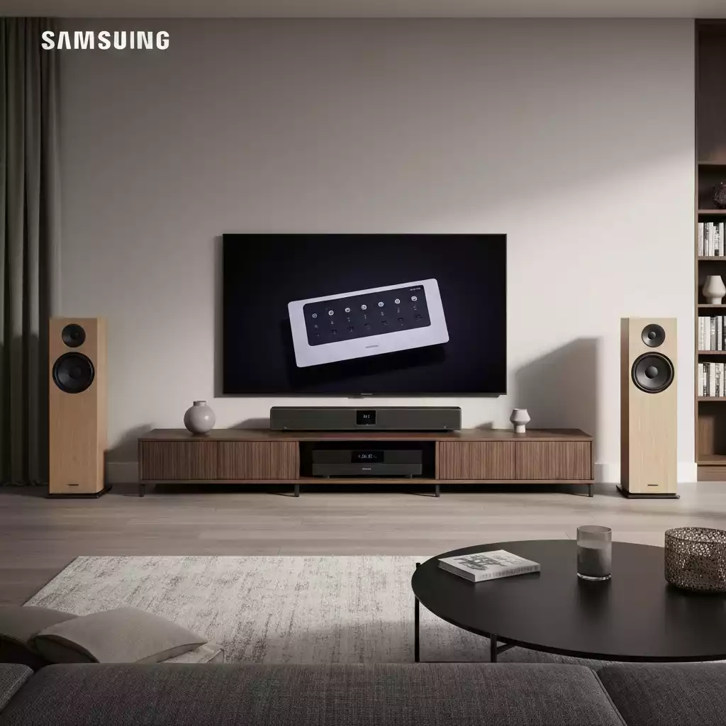 Modern living room with a Samsung soundbar and TV, showcasing a premium home audio setup, no text, no words, no typography, 8K, clean image