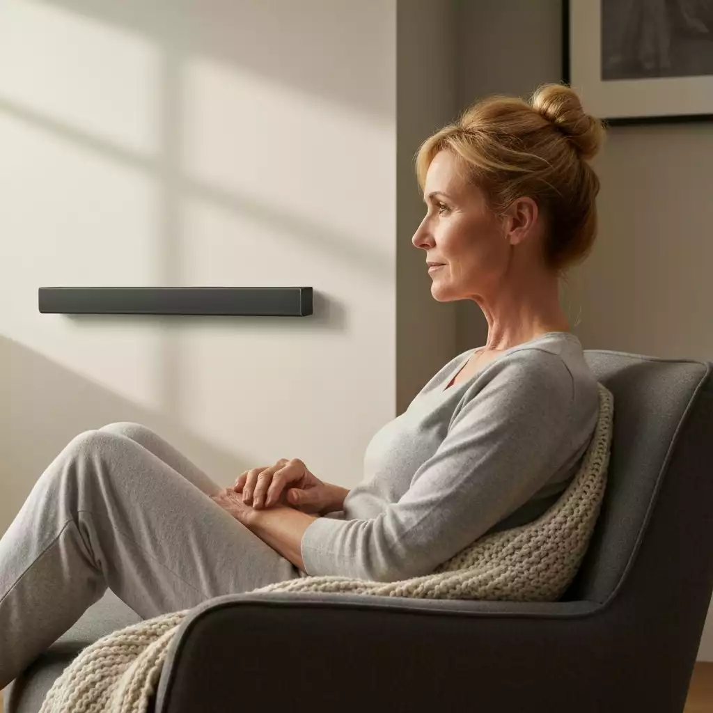 Person enjoying music with a modern Samsung soundbar in a home setting
