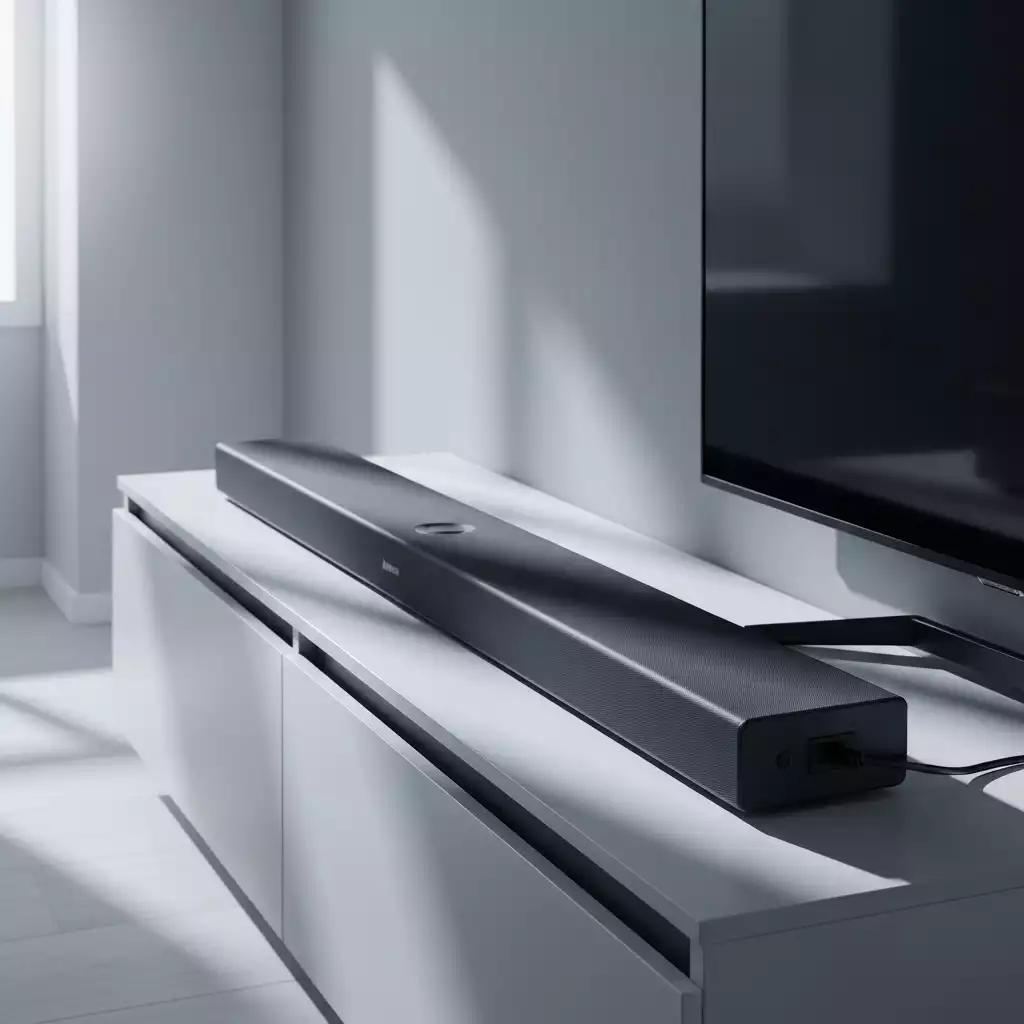 A Samsung soundbar on a modern media console, with its power cord neatly connected, ready for use.