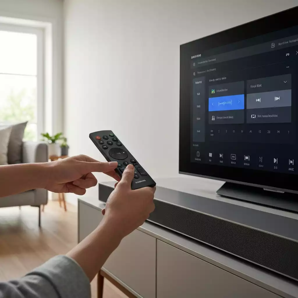 Person adjusting settings on a Samsung soundbar with a remote control, close-up on hands and soundbar display