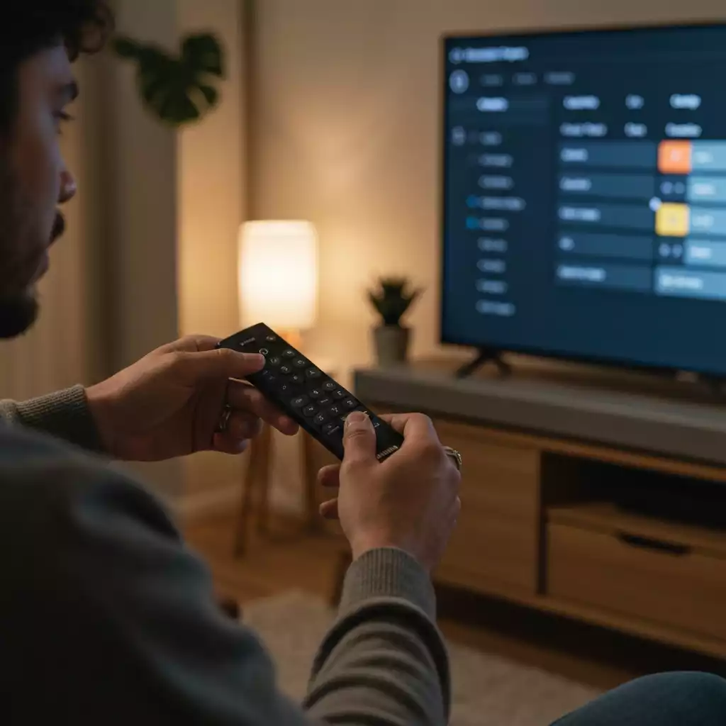 Person adjusting settings on a Samsung soundbar remote