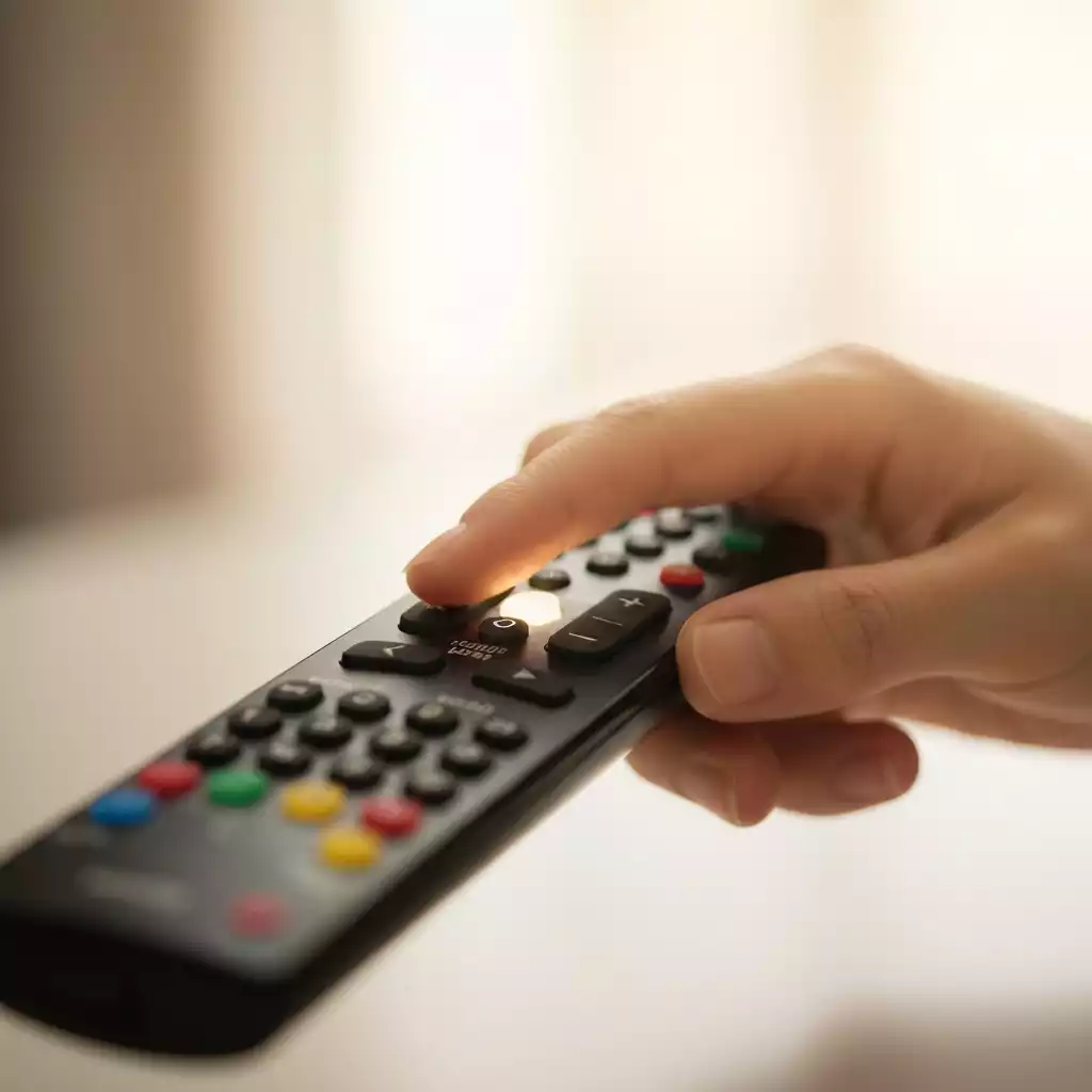 Hand holding Samsung TV remote, pointing at a soundbar, with a subtle on-screen menu showing 'Night Mode' selected, no text, no words, no typography, clean image