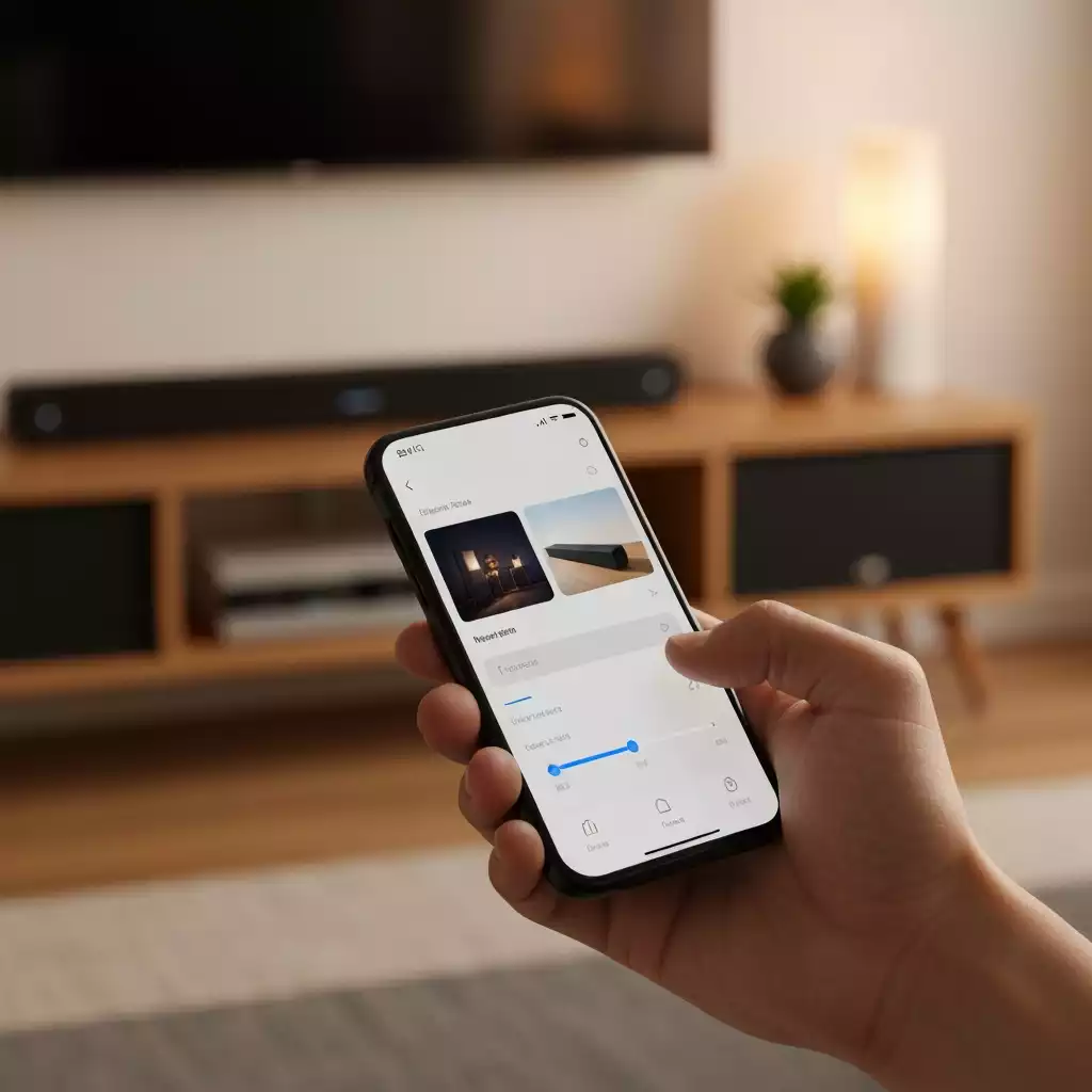 Hand holding a smartphone controlling a soundbar via an app