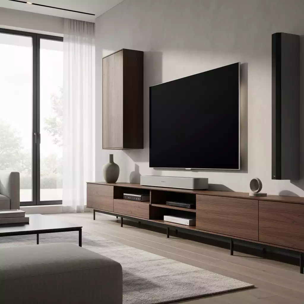 Amazon Fire TV Soundbar Plus in a modern living room setup, sleek design, integrated into entertainment system, no text, no words, no typography, 8K