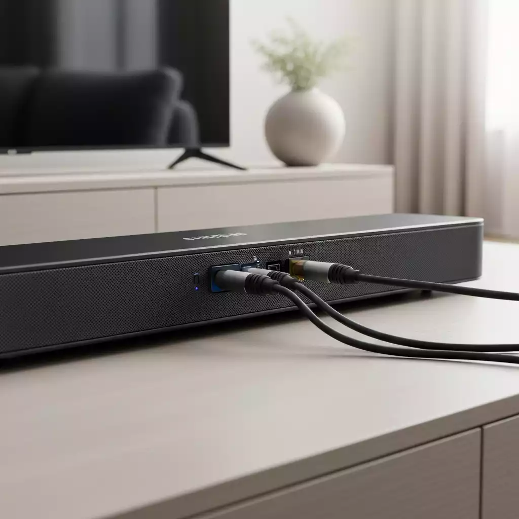 Modern Samsung soundbar with D.IN cable connected to a TV, showing digital audio signal flow