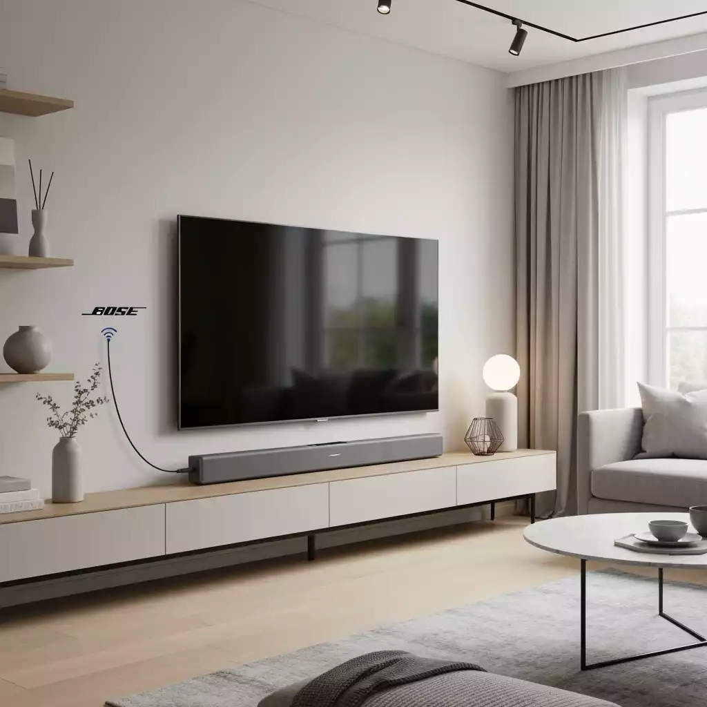 Bose soundbar seamlessly integrated into a modern living room, wirelessly connected to a TV, no visible cables, elegant setup, no text, no words, no typography, clean image