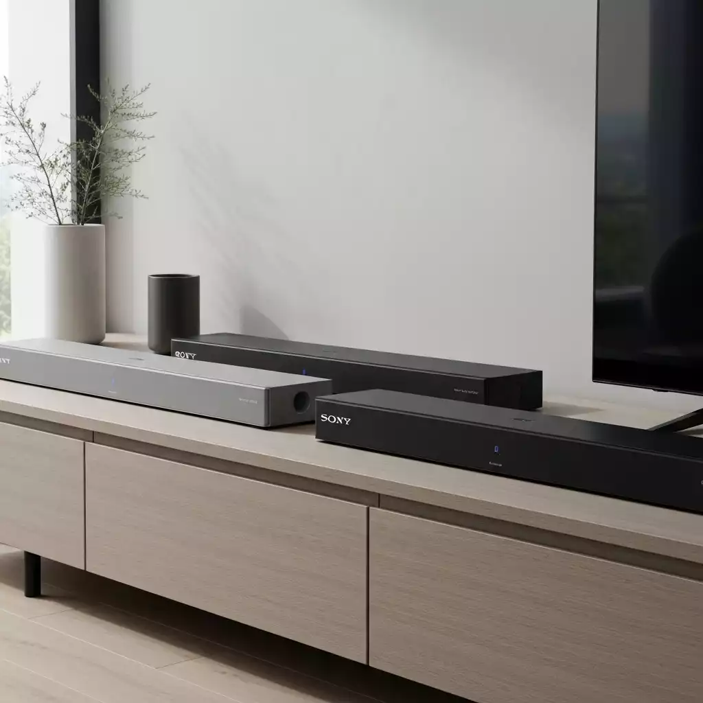Sony HT-A7000 and HT-A5000 soundbars side-by-side on a modern media console, no text, no words, no typography, 8K, clean image