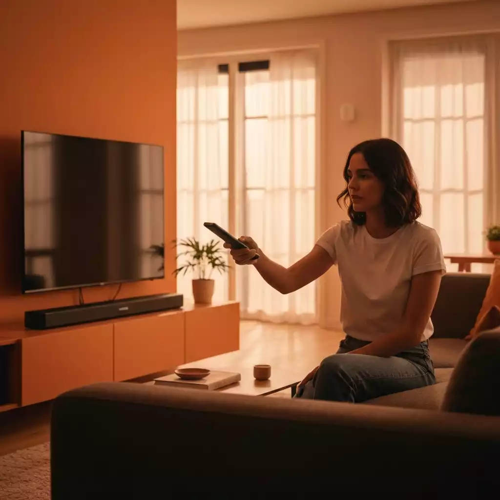 Person using a remote control for a Samsung TV and soundbar, focus on hands and devices