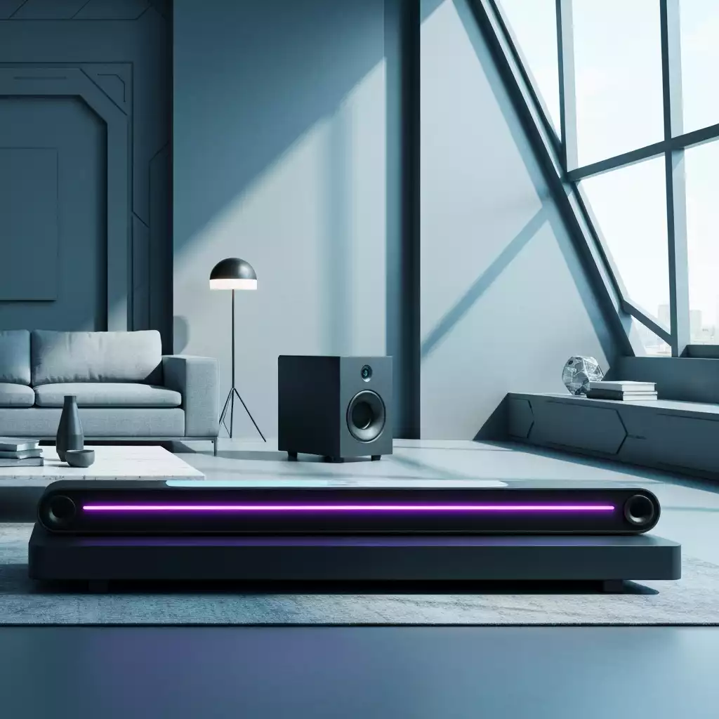 Modern living room with a soundbar and a strategically placed subwoofer, showcasing clear audio setup