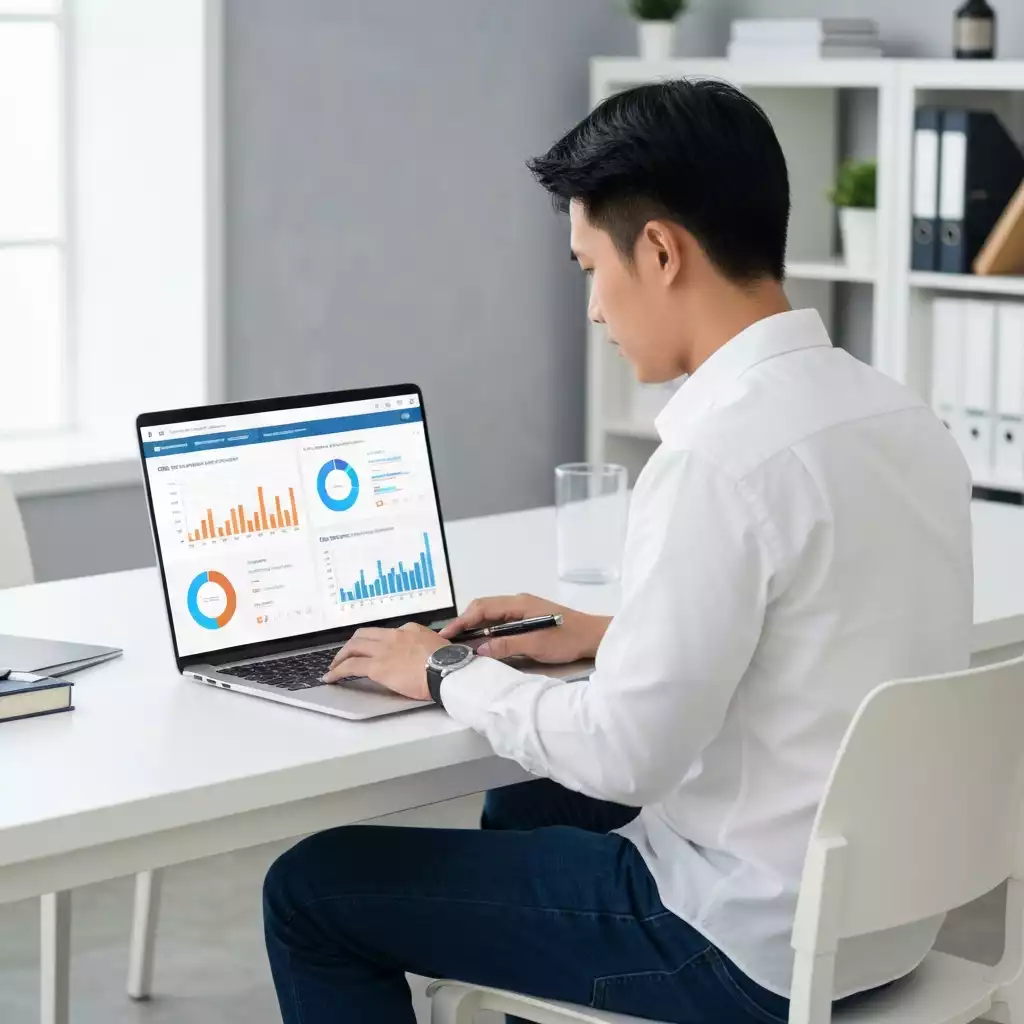 Person using SEO content analysis tools on a laptop