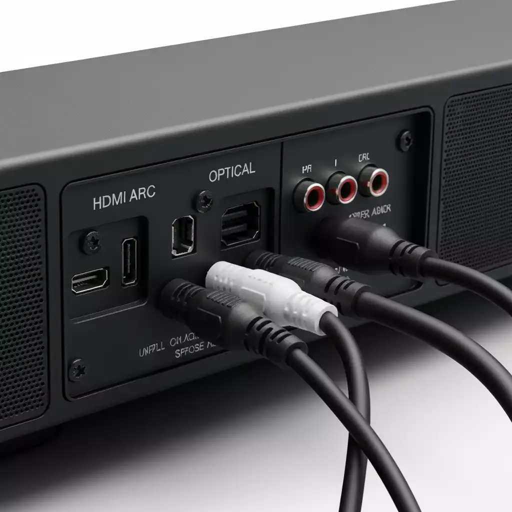 Close-up view of various connection ports on the back of a Bose soundbar including HDMI ARC, Optical, and RCA, with a focus on organized cabling, no text, no words, no typography, clean image