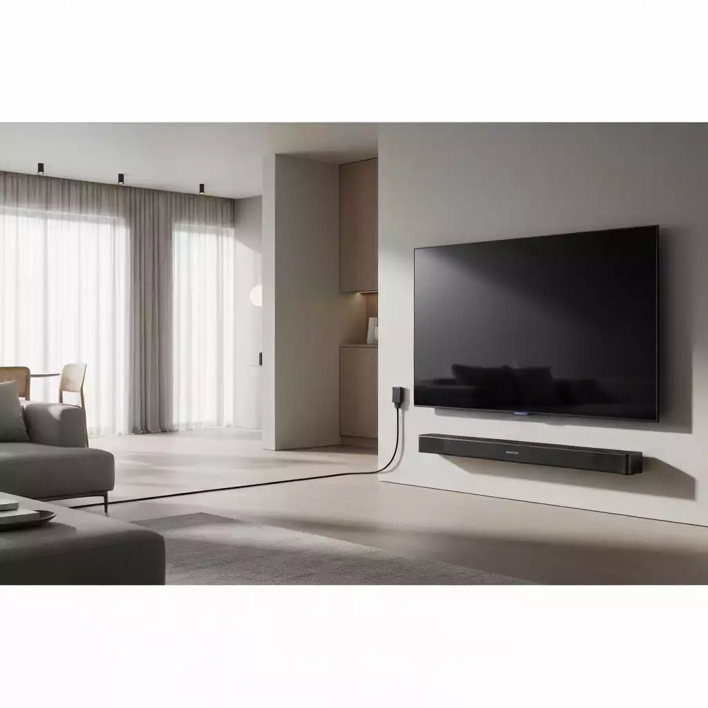Samsung soundbar connected to a TV via HDMI ARC cable, minimalist living room setting