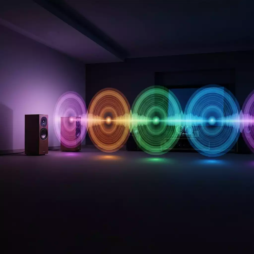Home theater setup with sound waves visually emanating from Sony SA-RS5 speakers, illustrating 360 Spatial Sound Mapping, immersive audio, no text, no words, no typography, 8K