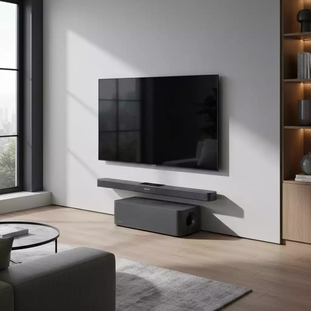 Modern living room with a Samsung soundbar and subwoofer connected, emitting clear sound, no text, no words, no typography, 8K
