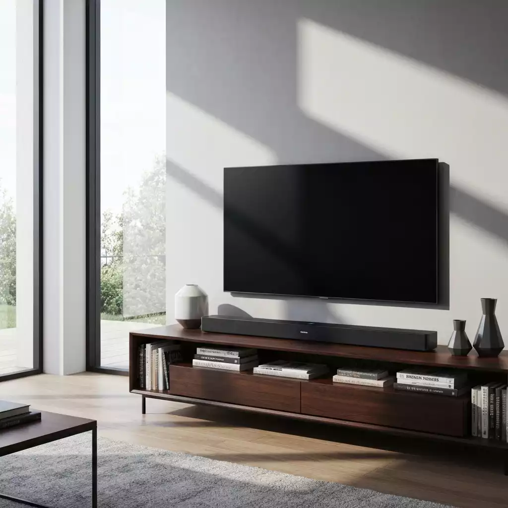 Sonos Arc Ultra soundbar in a modern living room setup, delivering immersive 3D sound, no text, no words, no typography, 8K, natural lighting