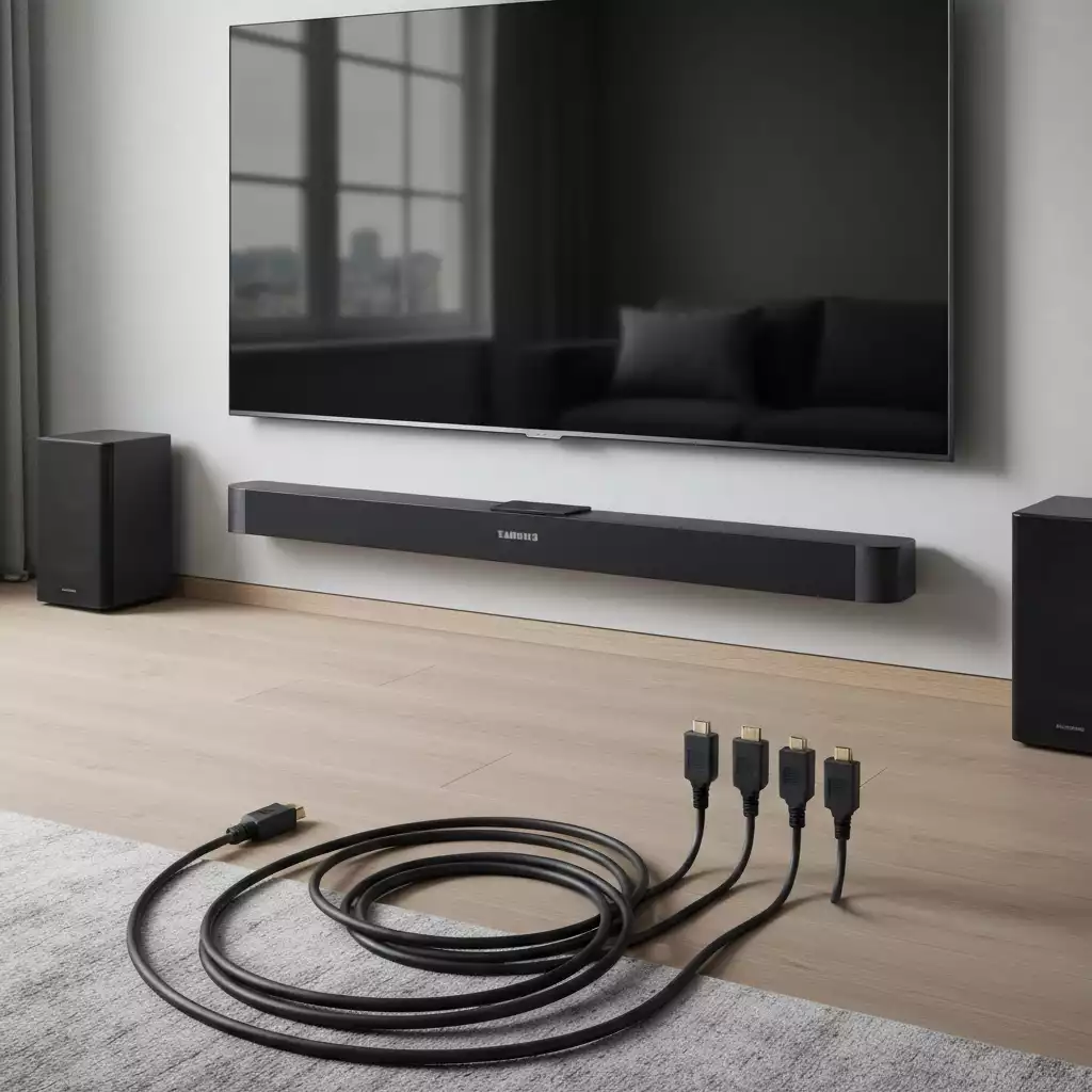 Modern living room with a sleek Samsung soundbar under a TV, showcasing various connection cables like HDMI and optical, no text, no words, no typography, 8K