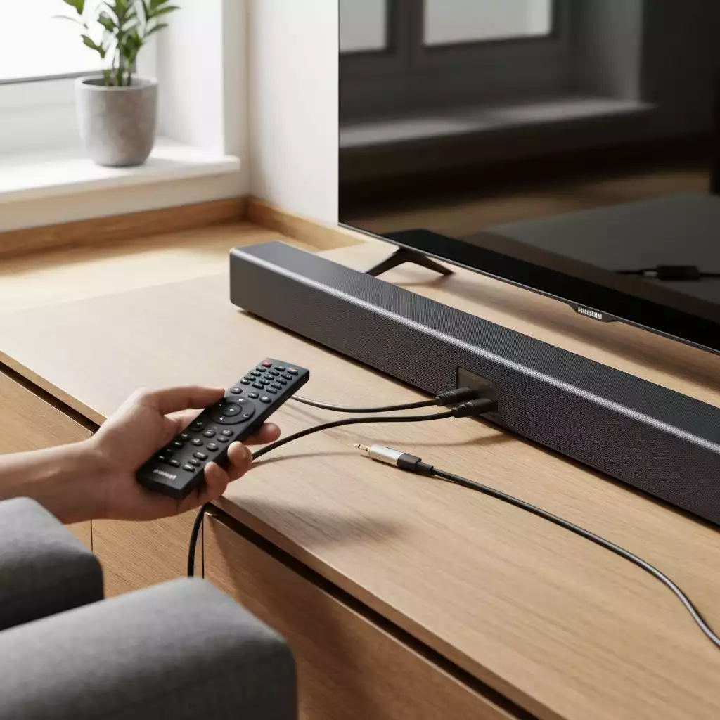 Person troubleshooting a Samsung soundbar connection with a remote control and cables