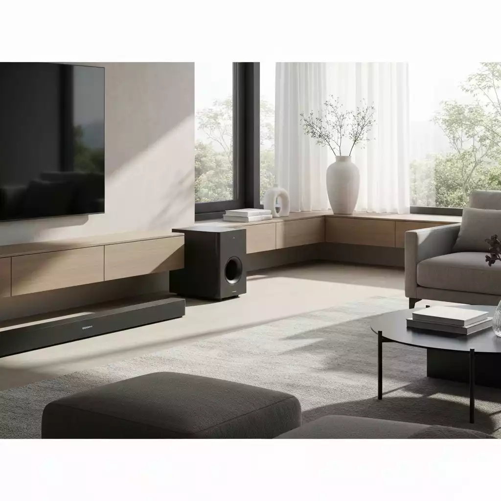 Modern living room with a Samsung soundbar and subwoofer subtly placed, no text, no words, no typography, 8K, natural lighting