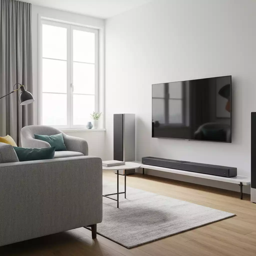 Sony Bravia soundbar in a modern small living room under a TV, with subtle lighting and comfortable furniture