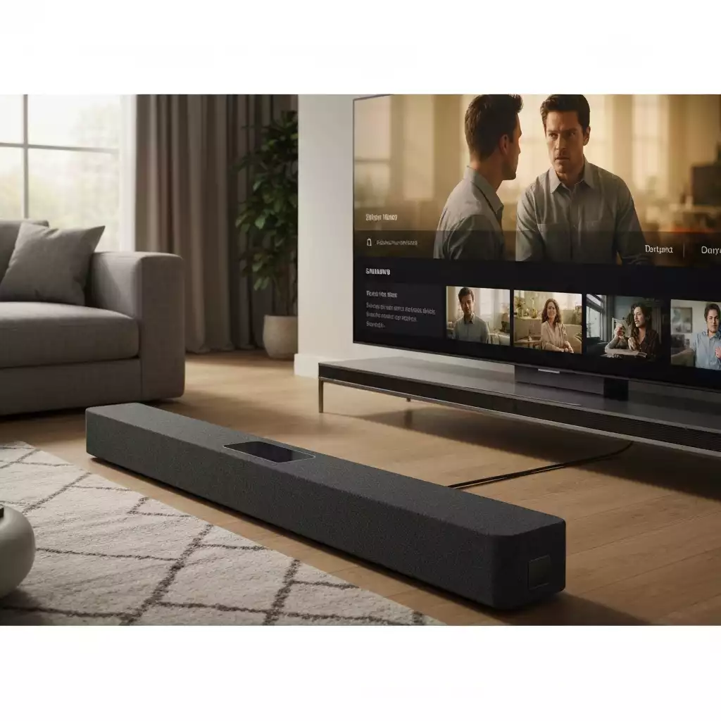 Samsung soundbar with TV showing perfectly synced audio and video