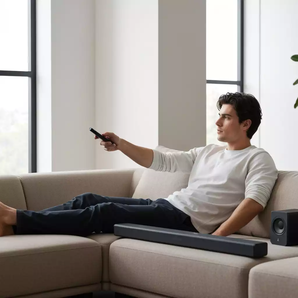 Person relaxing on a couch, remote in hand, enjoying high-quality sound from a premium soundbar, no text, no words, no typography, clean image