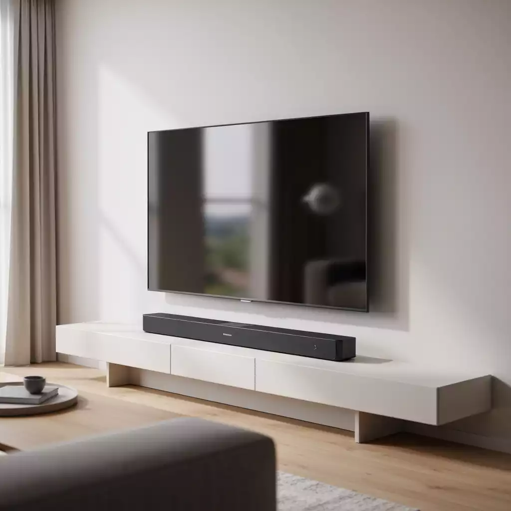 Sleek soundbar under a modern television, minimalist living room, no text, no words, no typography, clean image