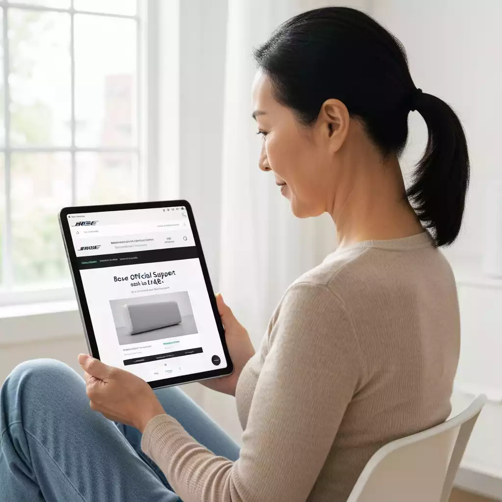 Person using a tablet to access Bose support website