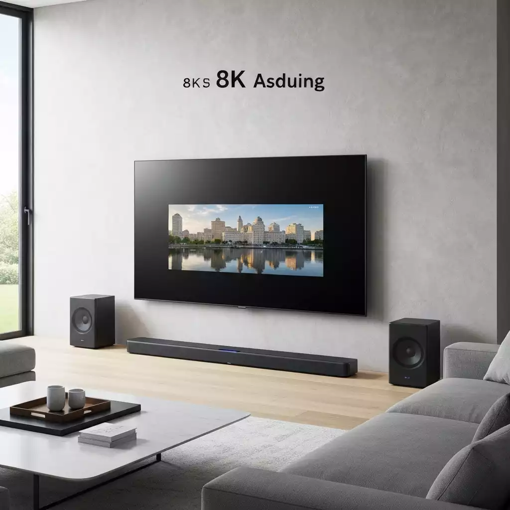 Modern living room with a Samsung soundbar beneath a TV, showcasing immersive audio