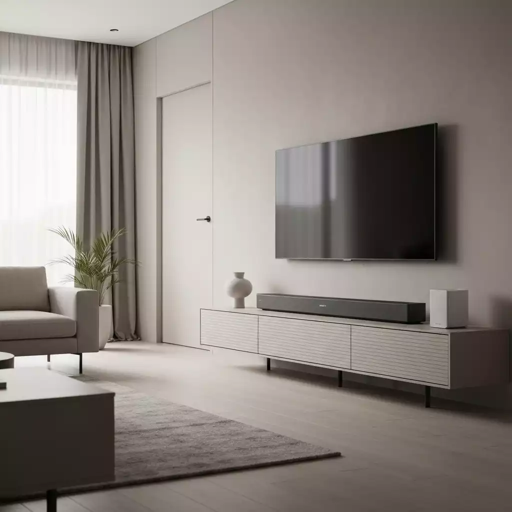 Sony soundbar in a spacious, modern living room, demonstrating ideal placement