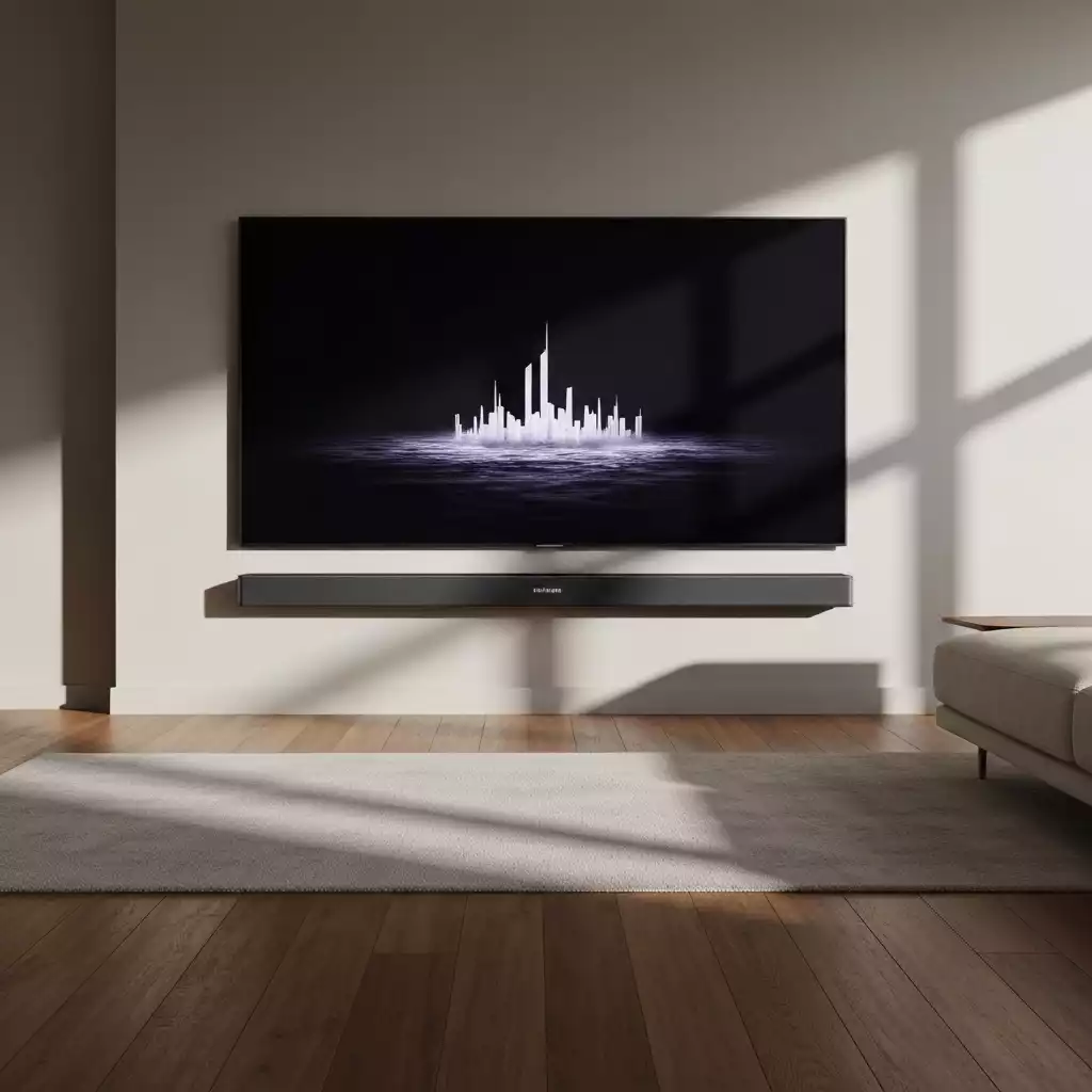 Modern Samsung soundbar set up in a living room with a TV, subtle lighting, no text, no words, no typography, clean image