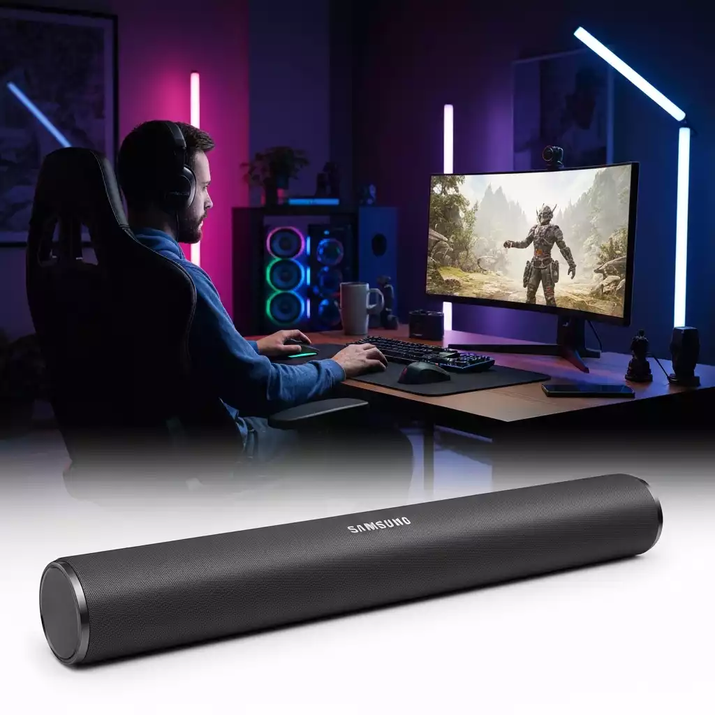 Person playing a video game with a Samsung soundbar visible, immersive gaming setup, no text, no words, no typography, clean image