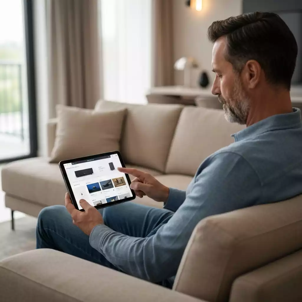 Person browsing Samsung soundbar options on a tablet in a modern home, no text, no words, no typography, clean image